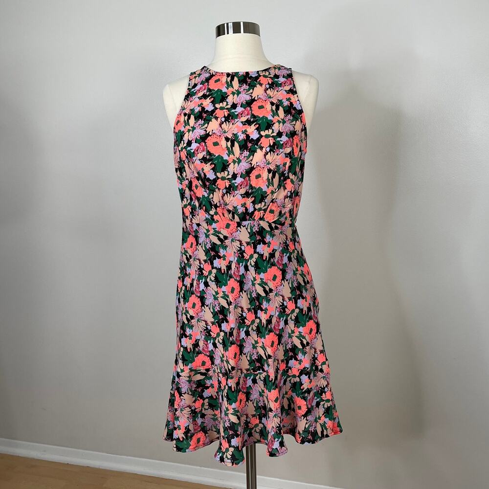 J. Crew • Drapey Ruched Waist Neon Floral Dress